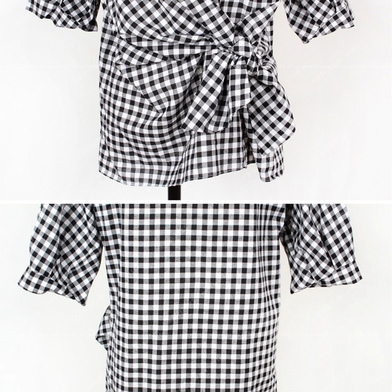 リボン付き ギンガムチェック柄 七分袖 ブラウス 　全2色　 00077