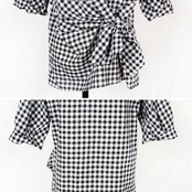 リボン付き ギンガムチェック柄 七分袖 ブラウス 　全2色　 00077