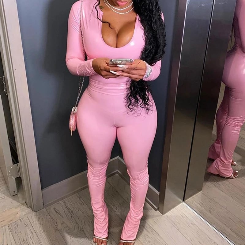 Omsj-女性のためのセクシーな革のクラブの衣装,ツーピースの女性のクラブの衣装,長袖の襟,タイトなパンツ,ストリートウェア