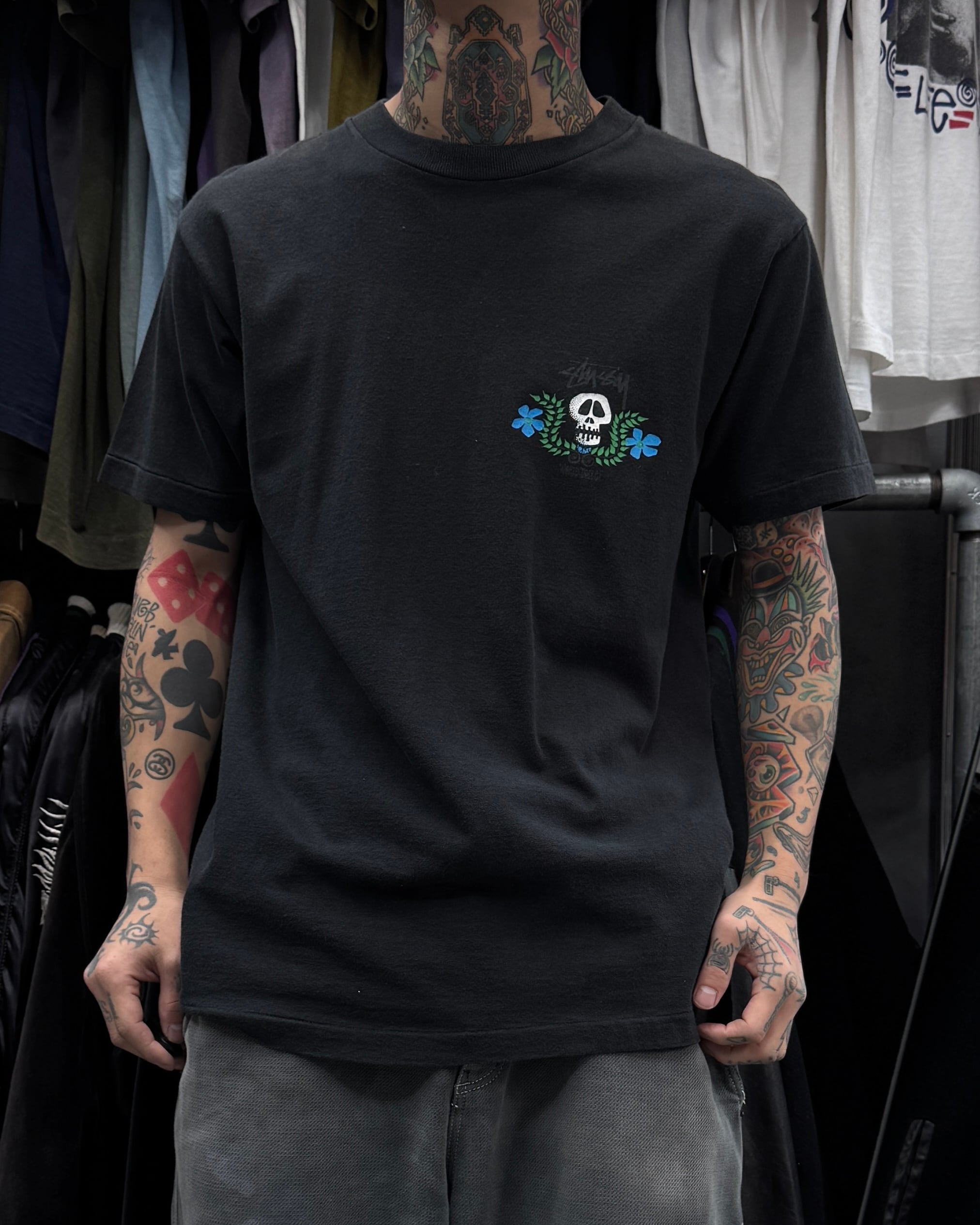 90's old stussy Skull Flower Design Tee “黒タグ” “スカルフラワー