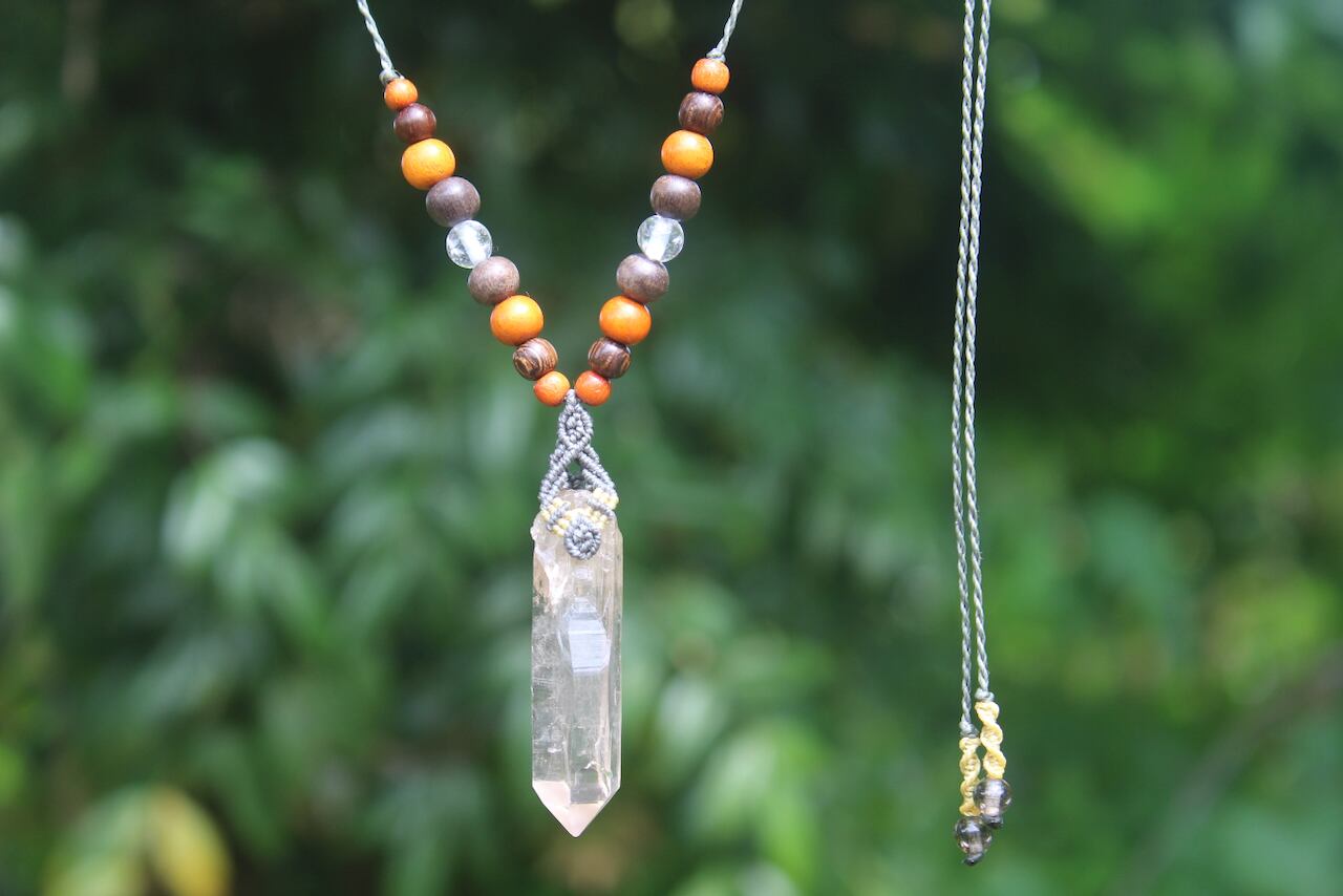 Himalayan crystal micro macrame wood pendant