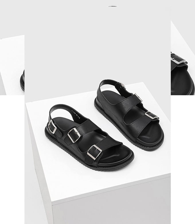 レザーサンダルメンズ ダブルストラップサンダル レザー バックル