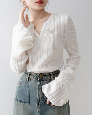 ベルスリーブキーネックリブニット A0948