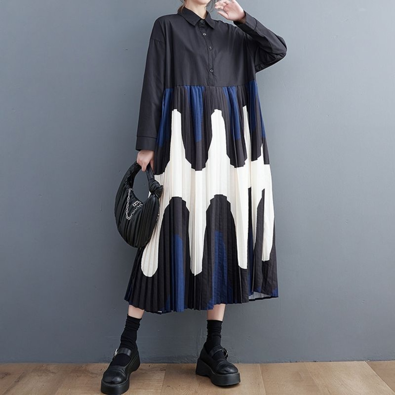 グラフィック柄プリーツ アート ワンピース 00331