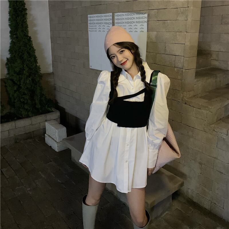 オータムウェストプリーツシャツ ドレス ニット 秋物 モンロー6019331751