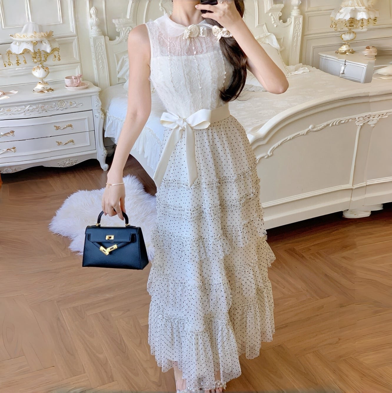 【dress】レースドッキングドットロングワンピース N3541