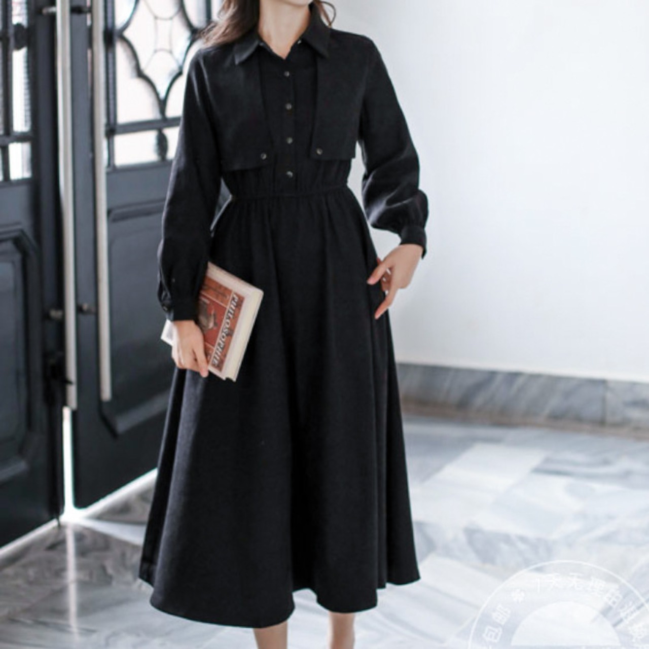 ベルト付きブラックシャツワンピース A00560