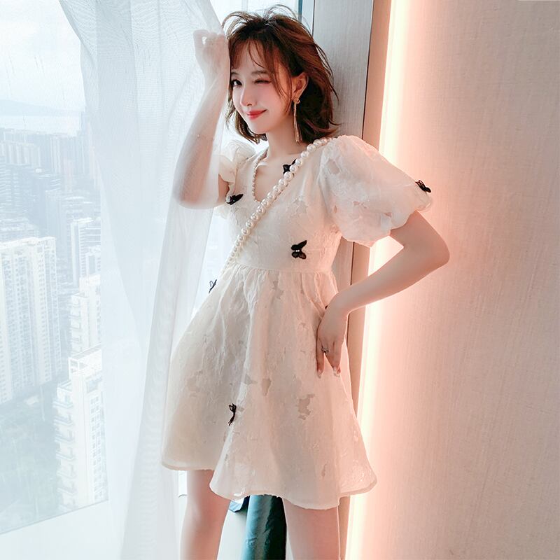 スリーブリボンジャカードウェストドレス サマー 大人ガーリー スウィート キュート カジュアル 夏物 MIUCO93411701348