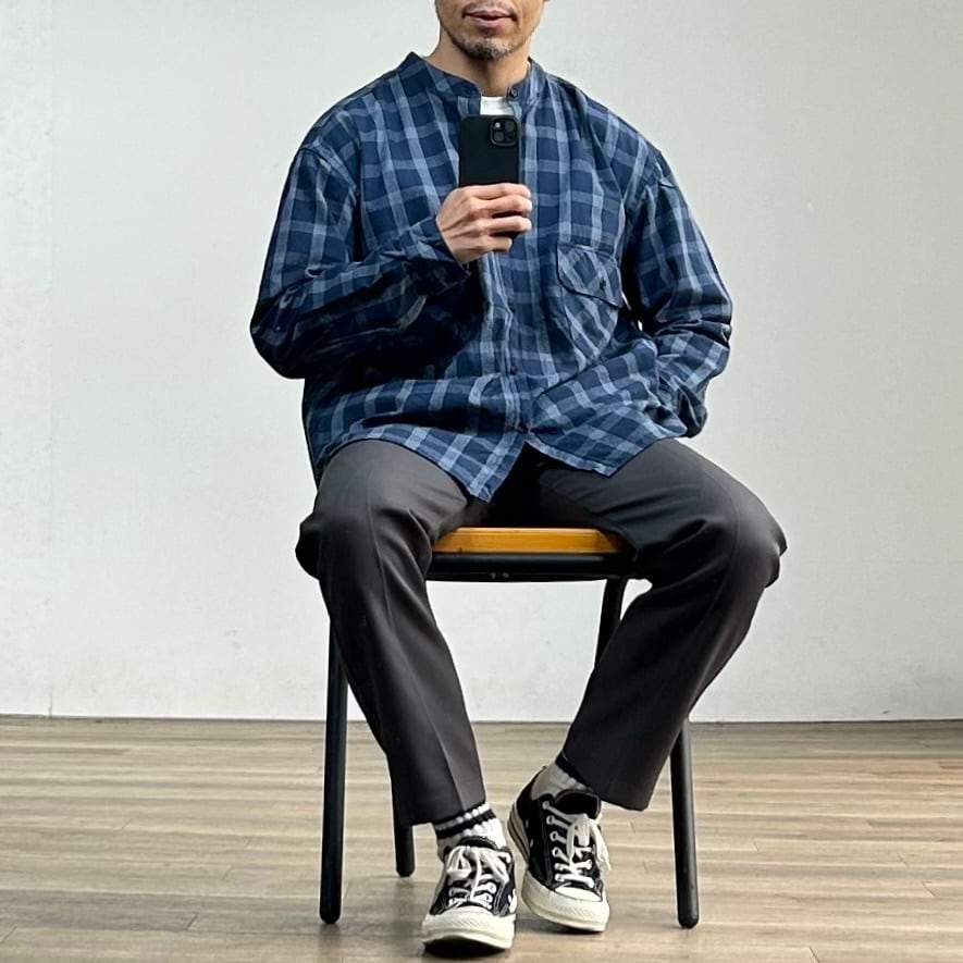 ORDINARY FITS チェックのバンドカラービッグシャツ Ordinaryfits】SERVICE SHIRT オーディナリーフィッツ バンドカラー