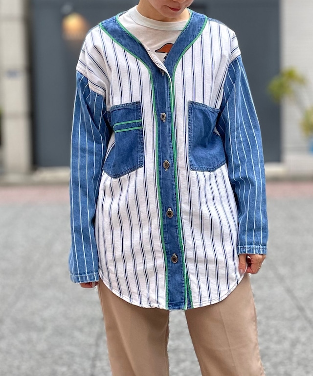 80's denim striped pullover　80年代　デニム　ベースボールシャツ