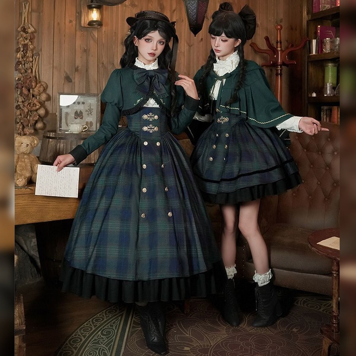 ツインズ・アカデミック・チェックスカートセットアップ：ケープ付き 5