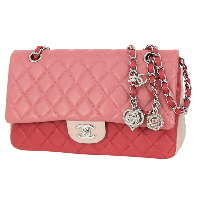 Used CHANEL シャネル マトラッセ 25 バレンタイン限定 トリコロール ピンク ラムスキン シルバー金具 チャーム付 チェーンショルダーバッグ 中古美品