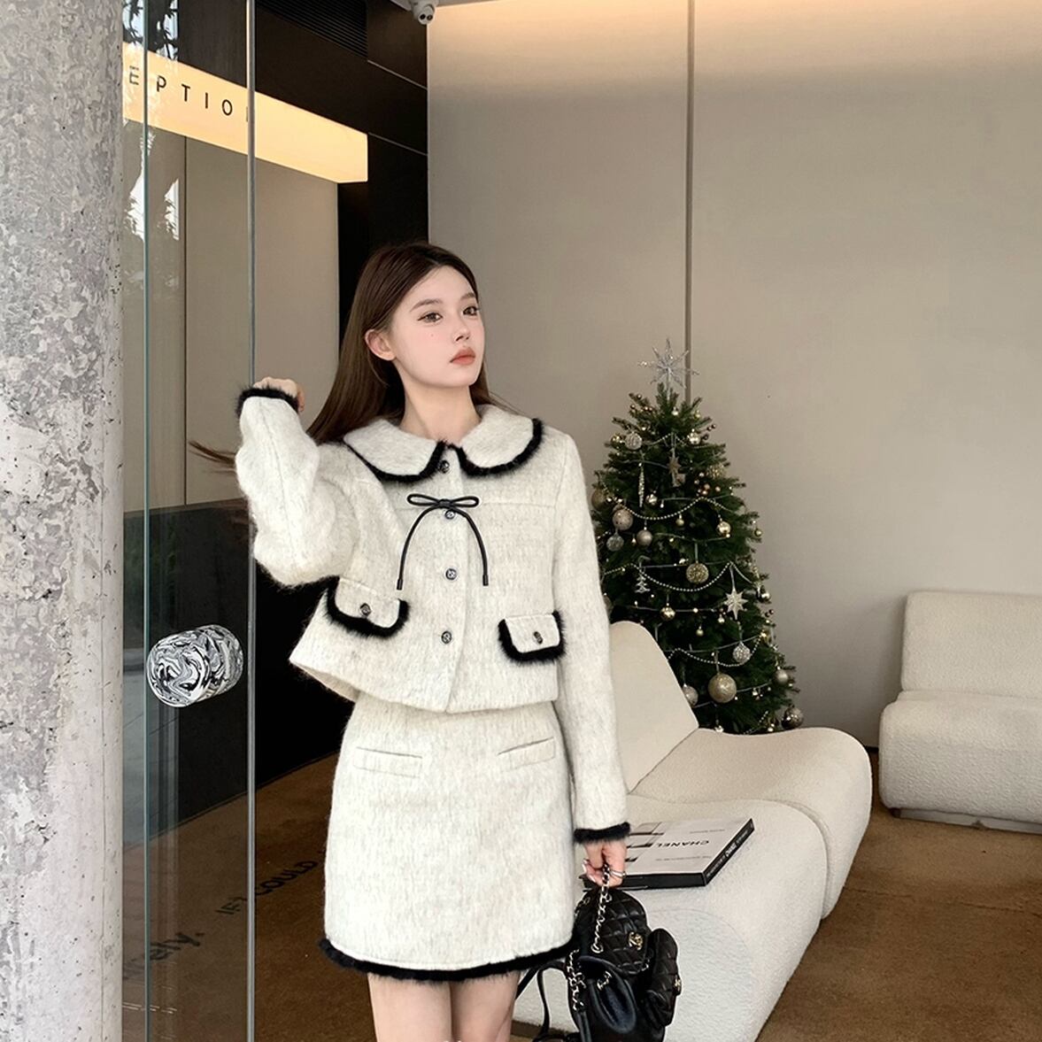 配色ニットスーツセットアップ ミニスーツセットアップ レディース