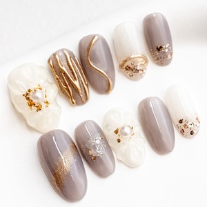 【特価処分】Sun&Beam Nails 手作り ネイルチップ ミディアム ショート オーバル ニュアンス 金 ブラウン 人気 3D おしゃれ 可愛い デザイン つけ爪 付け爪 収納ボックス付き 10枚入 (#14 真珠・ローズグレイ ・ XS)