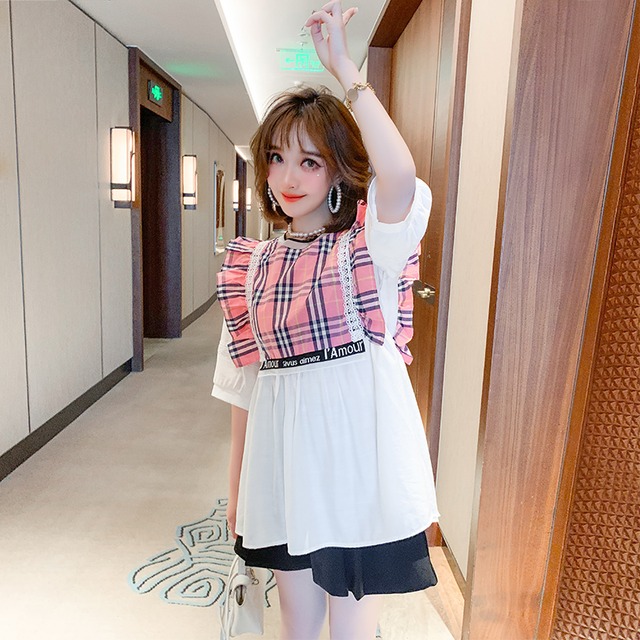 ラウンドネック格子柄ルーズシャツ ハイウェストウェストAラインショーツ ブルマー Oネック ステッチ MIUCO29829909496