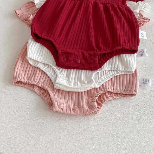 【BABY】大きなリボン付フリル襟パフスリーブ半袖リブロンパース - 19