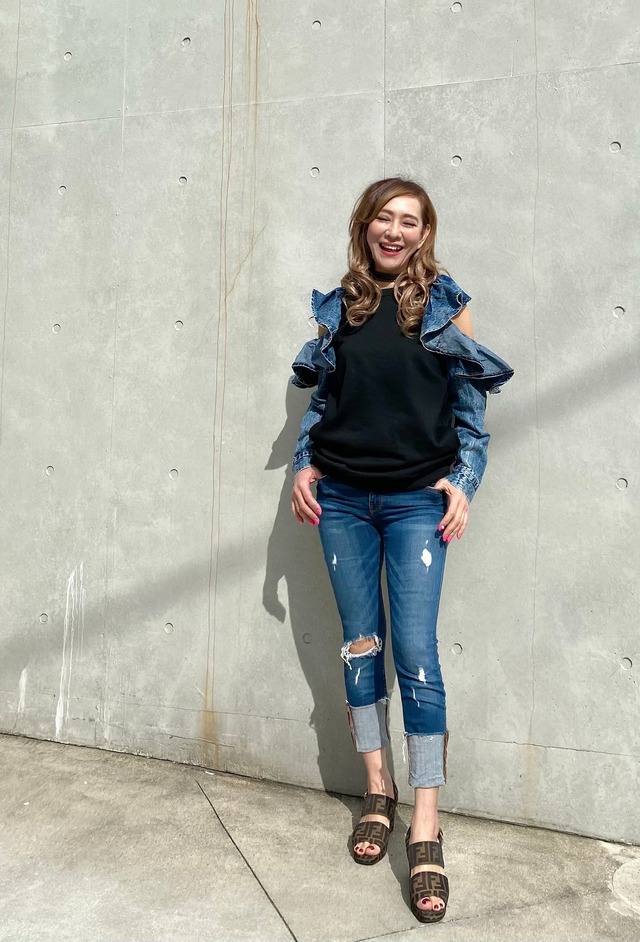 デニムフレアスリーブトップス
