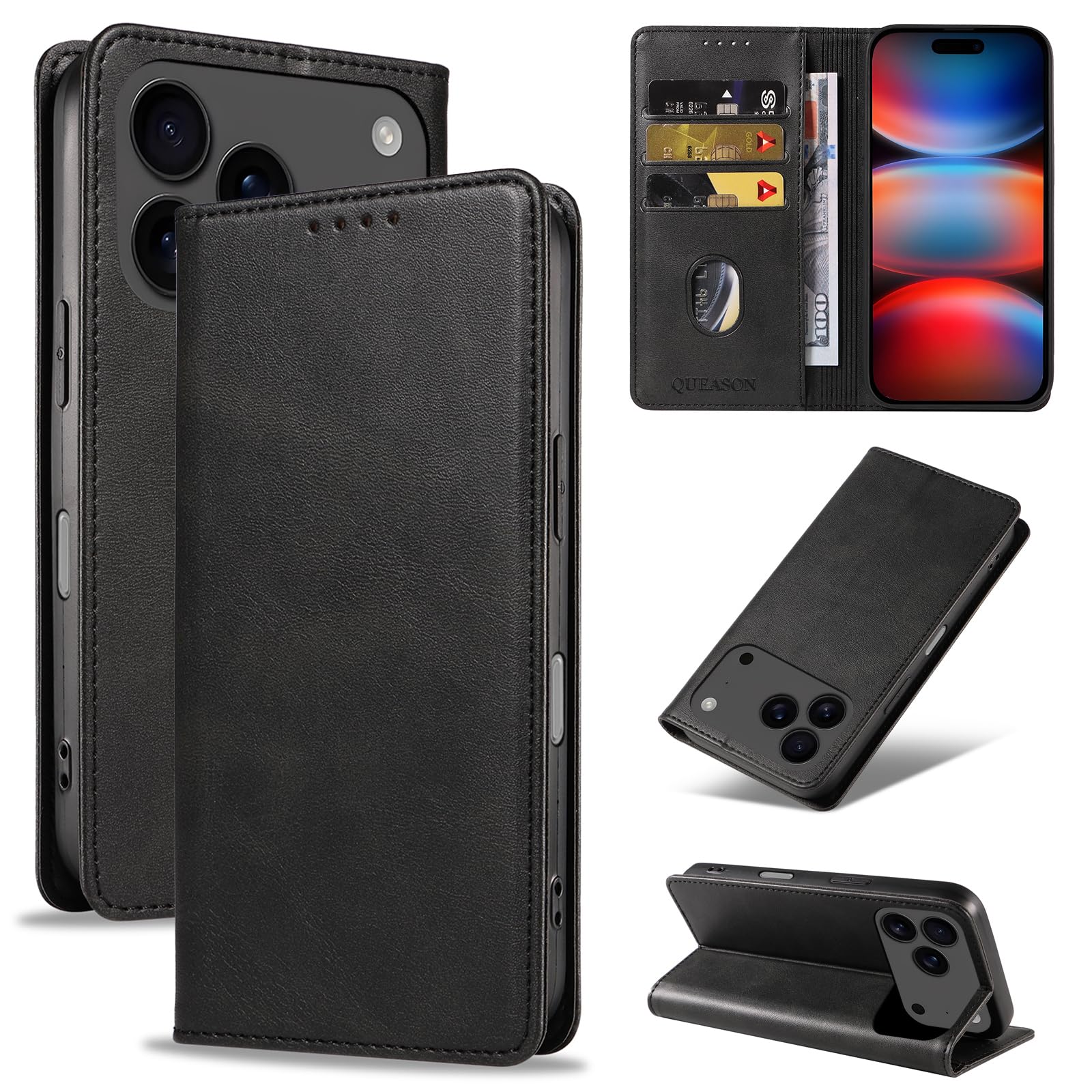 QUEASON iphone18promax 用 ケース 手帳型 いphone17promax 用 ケース スタンド機能 PUレザー【ブラック】