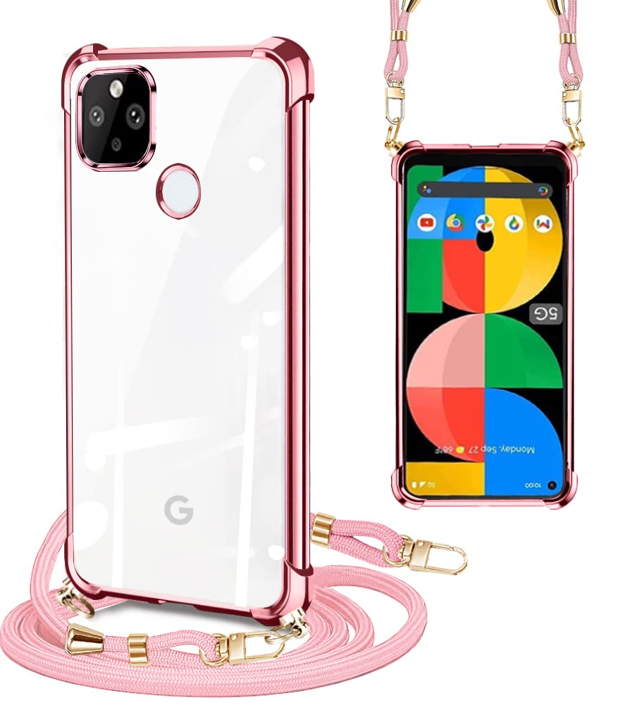 PAILAIMEN for Google pixel 5A ケースクリア 耐衝撃 ピクセル5a 用カバー 肩掛け 斜めかけ 縄掛け 韓国 透明 TPU pixel 5a スマホケース ストラップ付き 携帯ケース 薄型 軽量 織りストラップ付き ネックスト googleピクセル 5a 用 スマホカバー 取り外し可能 ワイヤレス 落下防止 シリコン メッキ加工 バンパー(ブラック)
