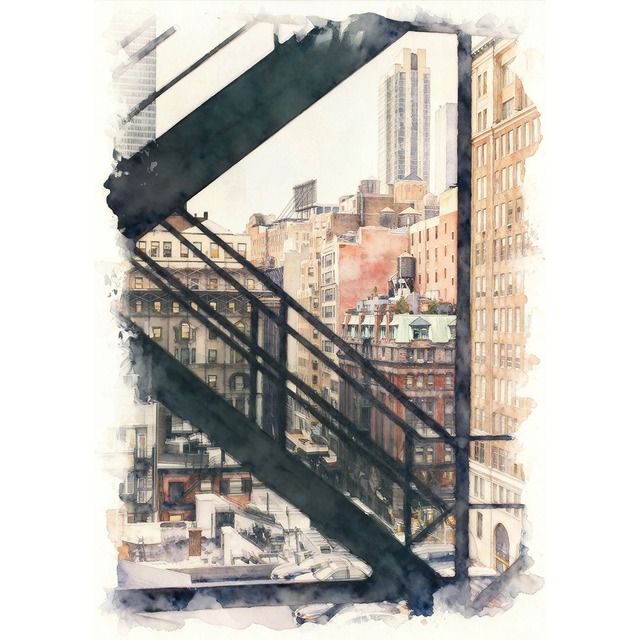 絵画 風景画(街並み)  アメリカ ニューヨーク マンハッタンの非常階段 インテリアアート額付き 水彩画風 WAT1803