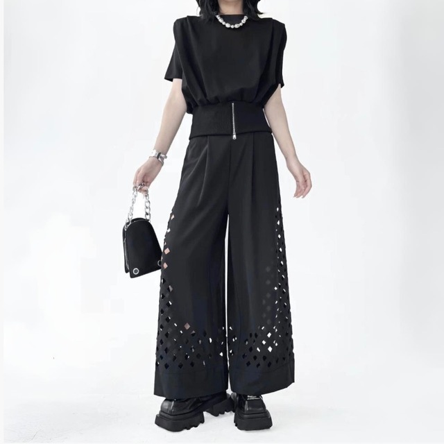 Grid cutout wide pants C1229