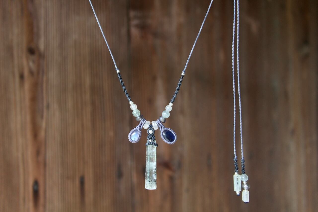 Aqua marine & Rainbow moonstone & Kyanite micro macrame necklace