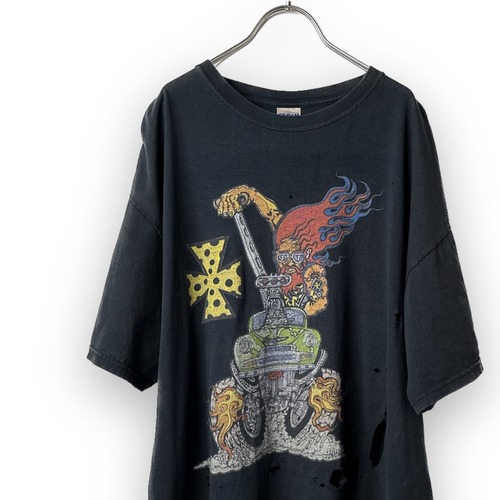 ボロ　良雰囲気  プリント ユニーク モーター系 ダメージ くすみカラー 半袖 Tシャツ 黒 古着