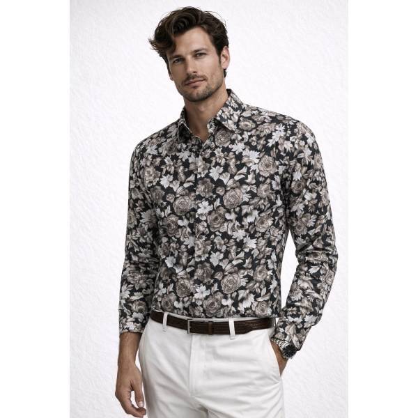 ブラック 花柄長袖シャツ 柄シャツ ストレッチコットン メンズ