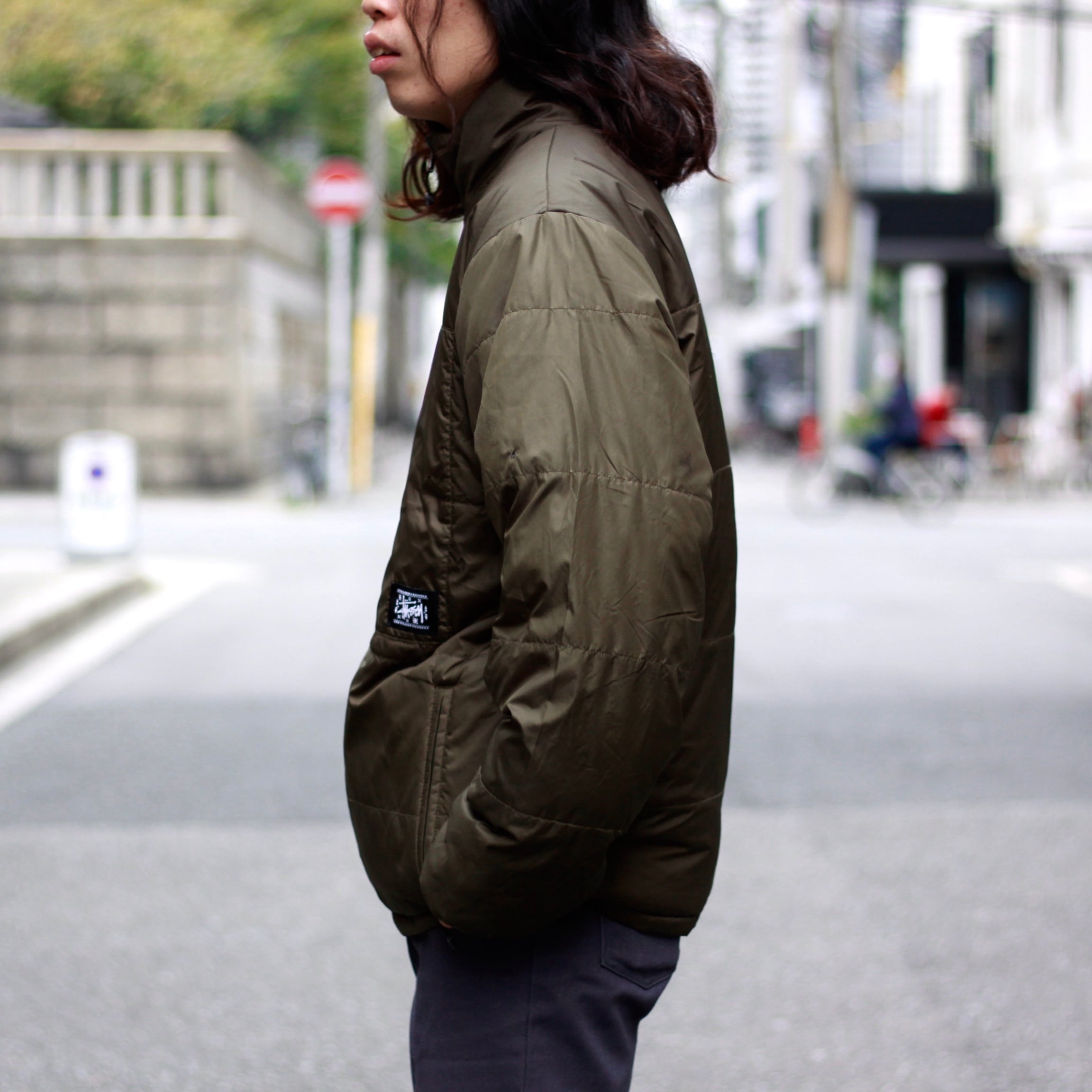 0539. 2000's old stussy reversible puff jacket オリーブ×ブラウン