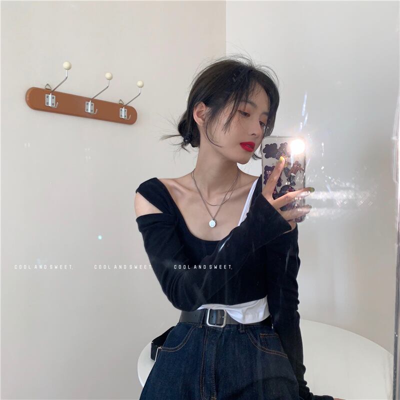 Tシャツ シャツ ショートブラックスプリングトップス ロング 春物 オフショルダー ブラックストロベリース85435654062