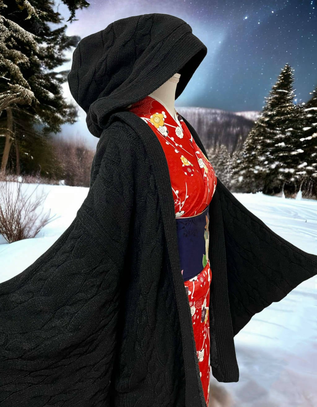 フード付きケーブルニット羽織 ブラック | MISAMARU