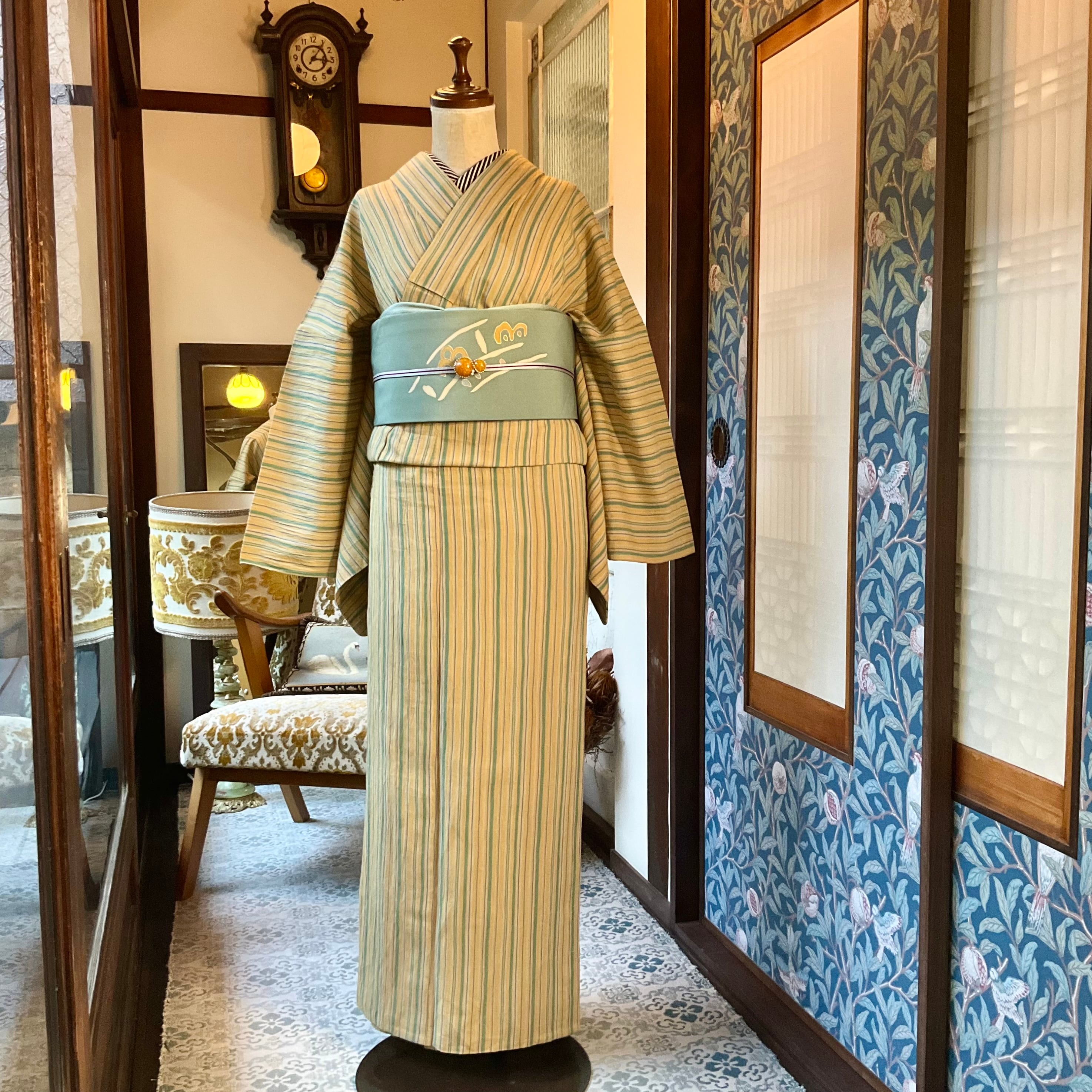 tall＊風のささやき＊単衣 ワイド 身幅広め 綿麻 洗えるきもの 縞