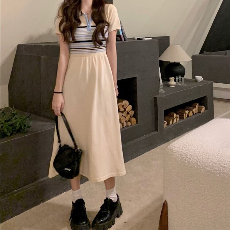 ワンピース レディース 送料無料 2色 ロングワンピース ミモレ ミモレ丈 半袖 襟付き かわいい 大人可愛い カジュアル 清楚 おしゃれ お洒落 ストリート おとな ナチュラル こなれ感 スポーティー ラブリー キュート 個性的 抜け感 華やか 主役級 存在感 無地 ボーダー ストライプ 学生 通学 デート お出かけ 女子会 休日 散歩 カフェ巡り 街歩き フリーサイズ ベージュ グレー 春 夏 10代 20代 30代 韓国 韓国系 着回し 普段使い モテ トレンド 流行 インスタ映え