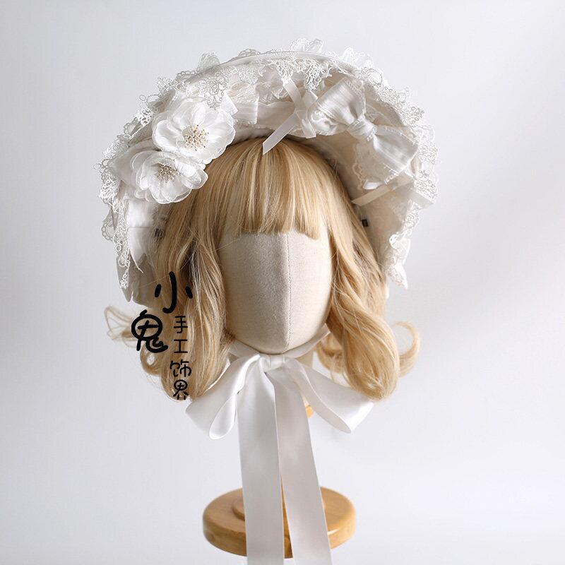 ロリィタ｜白花とリボンがやさしく揺れる レースフリルボンネット 気品