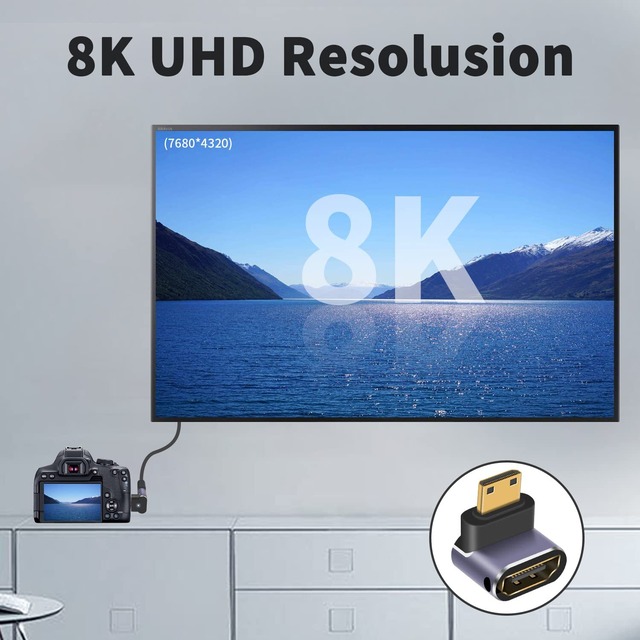 Poyiccot 8K Mini HDMI to HDMI変換アダプタ、L字型 Mini HDMI(オス)-HDMI(メス)変換アダプタ、90度 上向き/下向き Mini HDMI HDMI 変換延長アダプタ(HDMIミニ) 3D, 8K@60hz, 4K, 2160P, 1080Pなどに対応（2個セット)