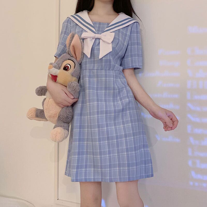 スカート サマー薄手ネイビーカラー格子柄ドレス 大人ガーリー スウィート キュート カジュアル 夏物 萌量不足87942516975