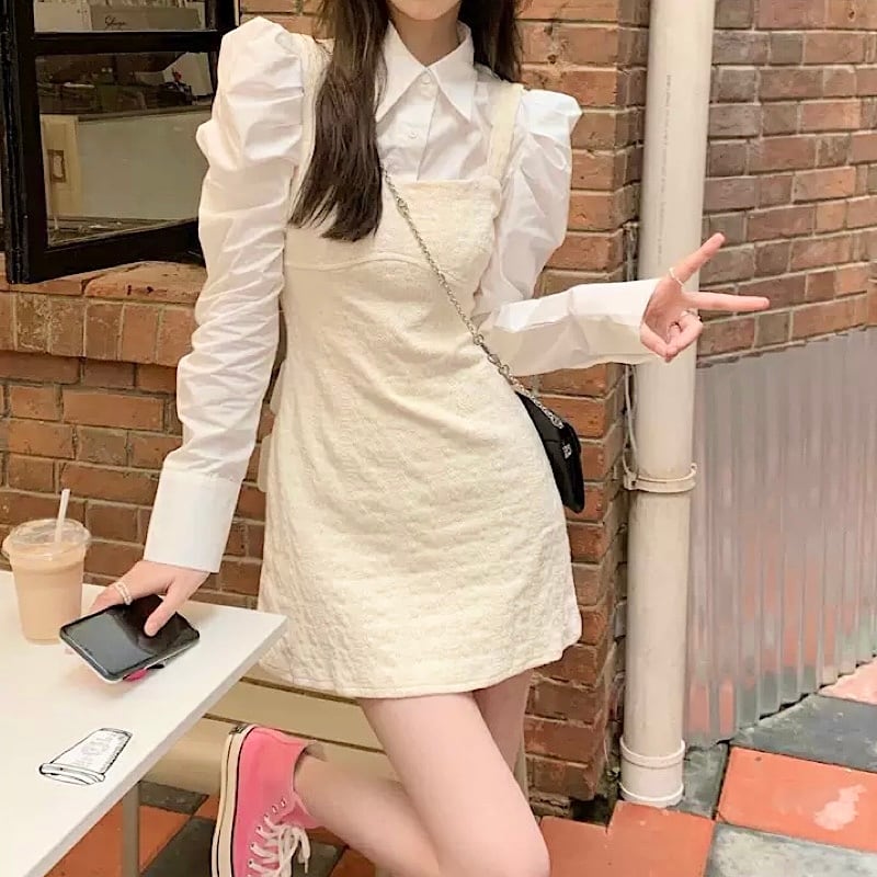 オールホワイトで 清楚ガーリー シャツ ワンピース 2点セット パフスリーブ マルチカラー 小顔見せ ミニ丈 ミニワンピ サロペット 女っぽ 韓国っぽ Lamitte Deco トレンド 韓国ファッション ショップ Base店 オールホワイトで 清楚ガーリー シャツ ワンピース 2点セット パフスリーブ マルチカラー 小顔見せ ミニ丈 ミニワンピ サロペット 女っぽ 韓国っぽ Lamitte Deco トレンド 韓国ファッション ショップ Base店