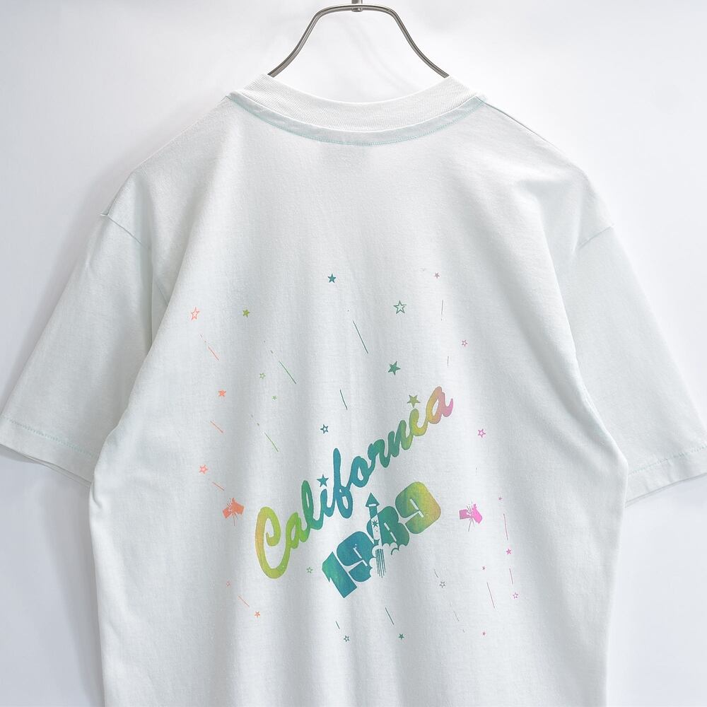 80s USA製 Hanes ヘインズ Tシャツ シングルステッチ 1989 カリフォルニア スペースシャトル 宇宙 レインボー グラデーション ペールブルー USED ヴィンテージ ビンテージ 古着 メンズ M 38-40