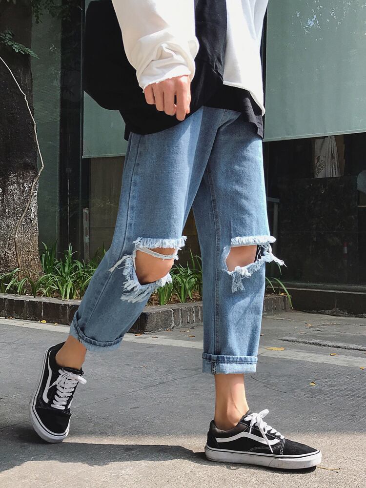 全2色 デニム パンツ ストレート カジュアル ダメージ おしゃれ