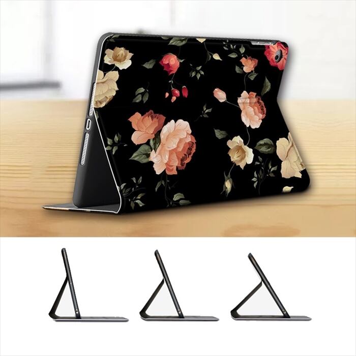 iPadケース ブック型 花柄 バラ 黒 iPad Pro 11 12.9 10.5 Air 9.7