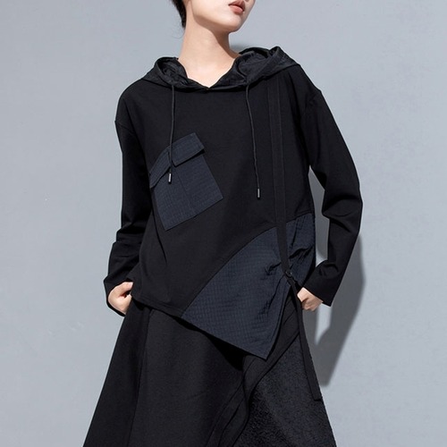 asymmetry pocket hoodie tops / l0796