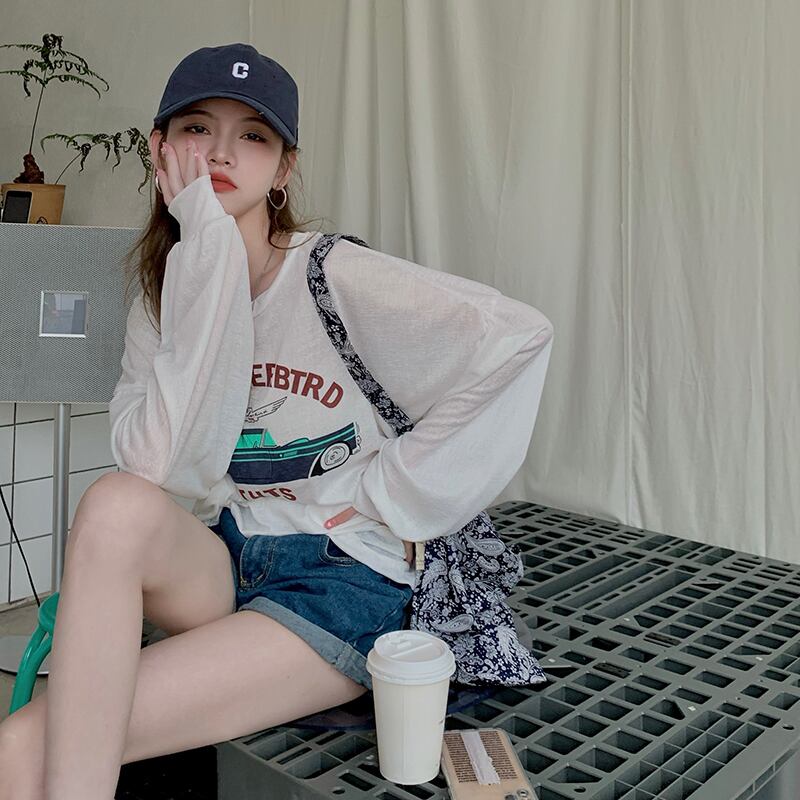 プリントホワイトルーズTシャツ シャツ 薄手サマートップス ロング 夏物 モンロー95835516463