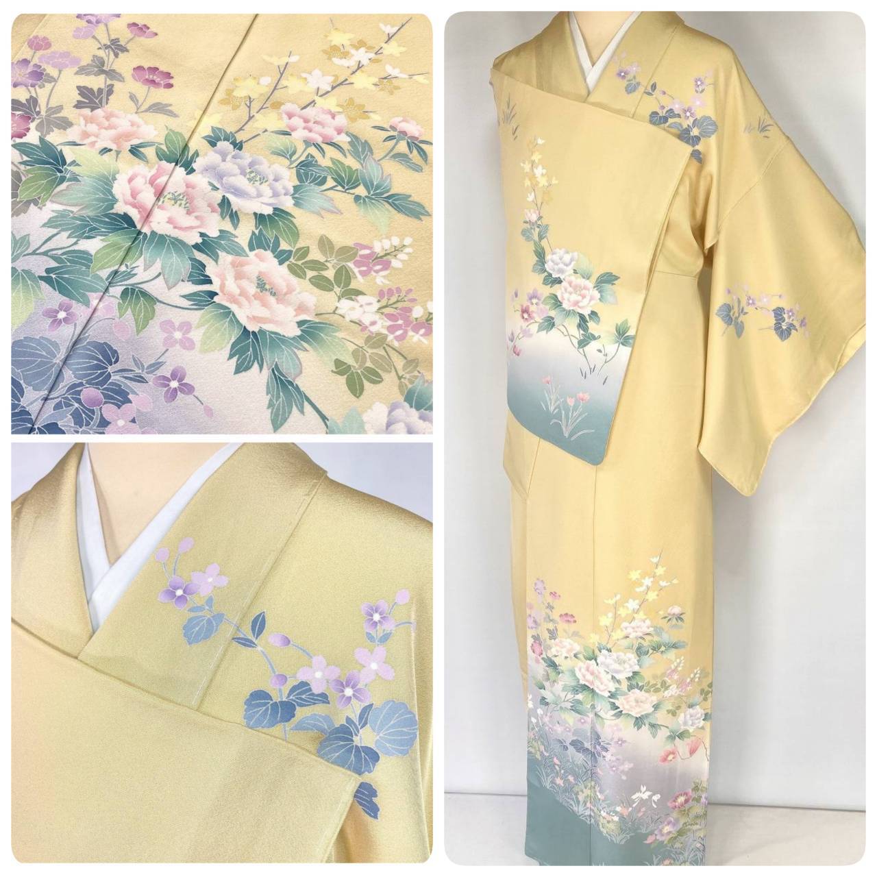 未使用 京加賀友禅 作家物 未使用 落款 訪問着 花柄 袷 正絹 水色 青紫