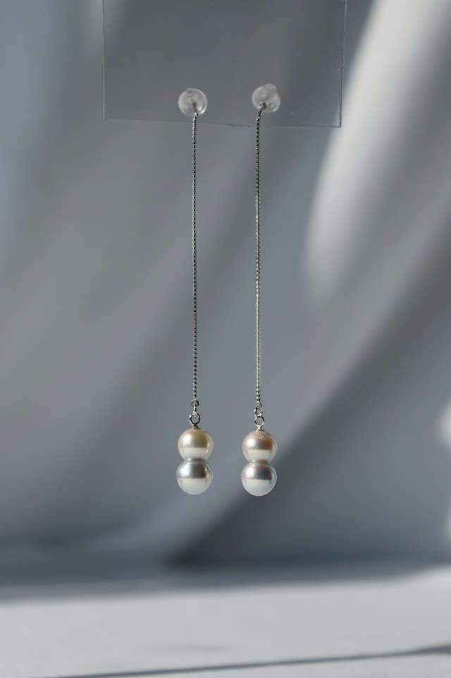 K18WG Akoya Twins Pearl Long Chain Earrings 18金アコヤ双子真珠ロングチェーンピアス(ホワイトゴールド)