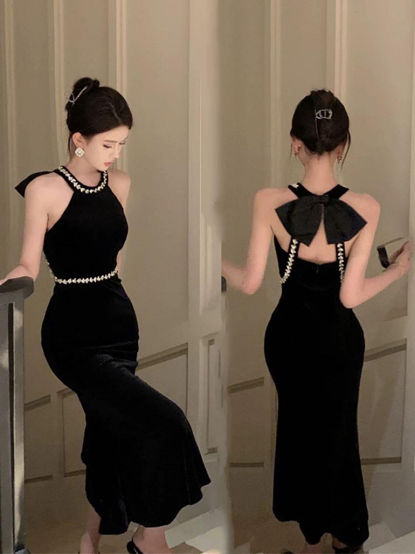 ✨キャバドレス ホルターネック バックリボン ベルベット 高級でセクシー キャバドレス ホルターネック バックリボン ベルベット 高級で