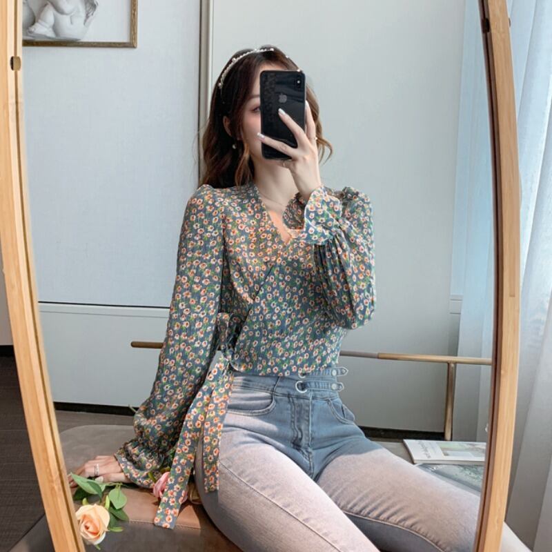 オータムVネックスタンダードクロップドトップス シャツ シフォン レトロ 秋物 ハンチェンe93090054474