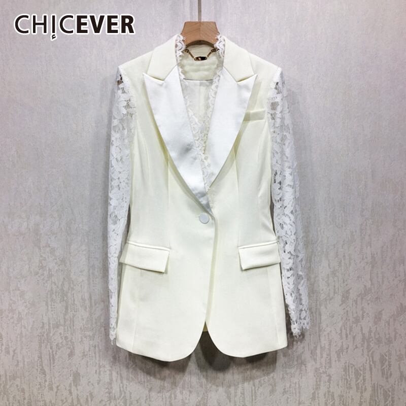 CHICEVEROLホワイトパッチワークレースレディースブレザーノッチカラー長袖ルーズコート2020秋 ロング オータム 秋物 6base533768667965