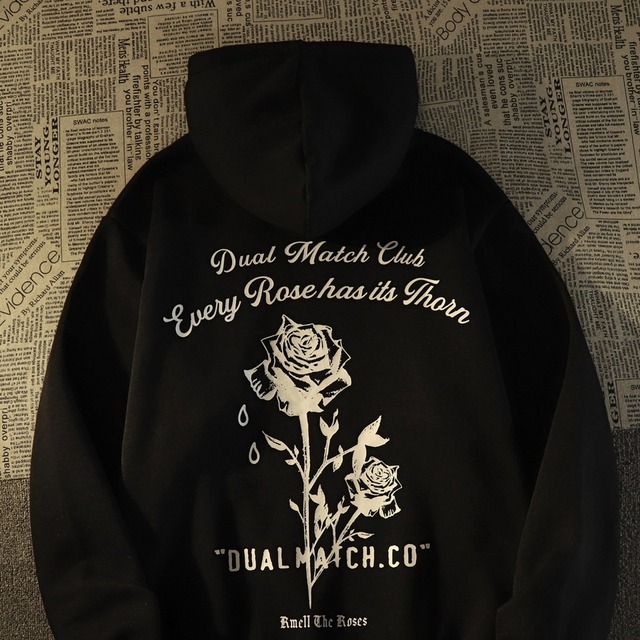 ゴスロリ通販 With U ゴシック ロリィタ フリース パーカー ユニセックス プルオーバー ストリート系 英字ロゴ 薔薇 プリント柄 Ｚ世代 Y2K