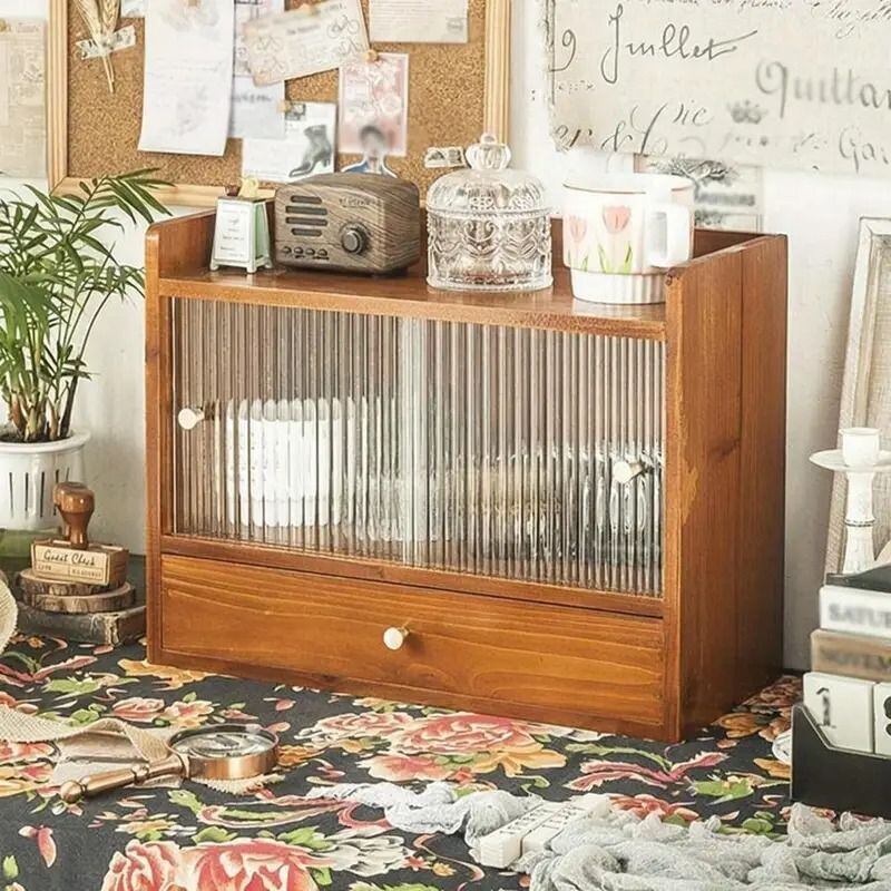 デスク収納 ミニ 食器棚 キャビネット 木製 ガラス扉 引き出し 卓上