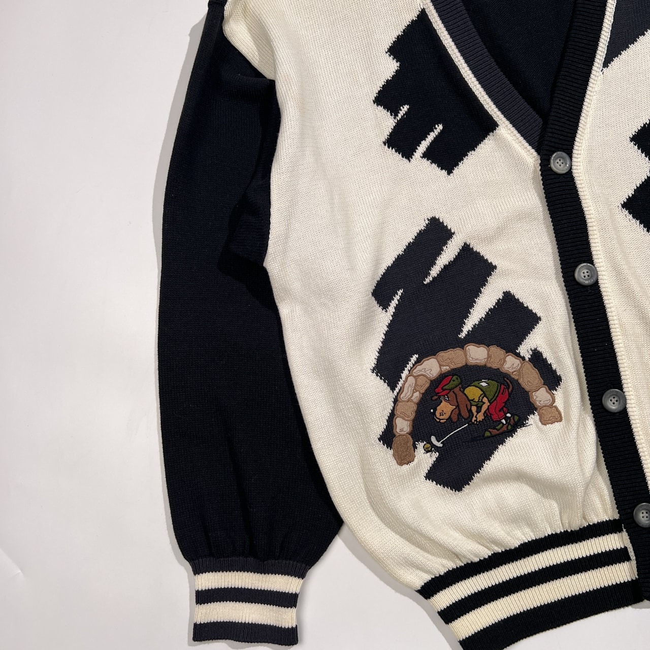 DOLCE ELEGANTE ドルチェ キャラ刺繍 ツートン切替 コットンニット カーディガン サイズ 48 /メンズ/ワールド/日本製